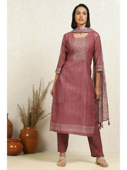 Biba - Mauve Print Embellished Unstitched Kurta with Bottom and Dupatta (Set of 3)