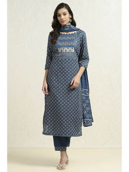 Biba - Navy Blue Printed Unstitched Kurta with Bottom and Dupatta (Set of 3)