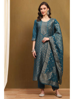 Biba - Teal Silk Blend Woven Unstitched Kurta with Bottom and Dupatta (Set of 3)