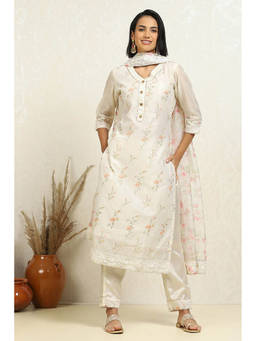 Biba - Off White Floral Embroidered Unstitched Kurta with Bottom and Dupatta (Set of 3)