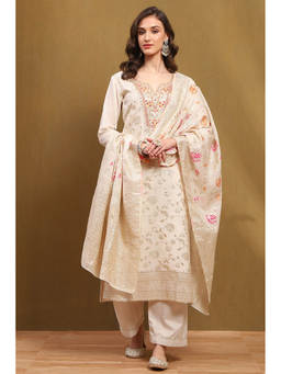 Biba - Cream Woven Embroidered Unstitched Kurta with Bottom and Dupatta (Set of 3)