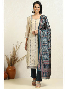 Biba - Beige Floral Embroidered Unstitched Kurta with Bottom and Dupatta (Set of 3)