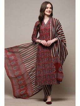 Biba - Red Stripes Printed Unstitched Kurta with Bottom and Dupatta (Set of 3)