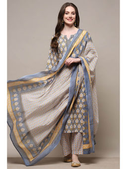 Biba - Blue Cotton Floral Print Unstitched Kurta with Bottom and Dupatta (Set of 3)