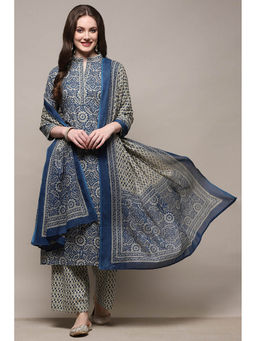 Biba - Blue Cotton Floral Print Unstitched Kurta with Bottom and Dupatta (Set of 3)