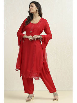 Biba - Red Organza Embroidered Unstitched Kurta with Bottom and Dupatta (Set of 3)