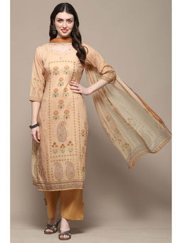 Biba - Beige Floral Print Unstitched Kurta with Bottom and Dupatta (Set of 3)