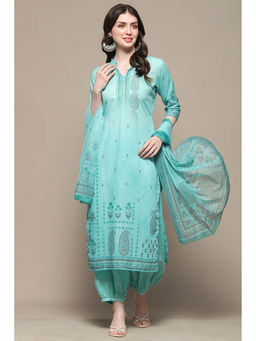Biba - Turquoise Digital Print Unstitched Kurta with Bottom and Dupatta (Set of 3)