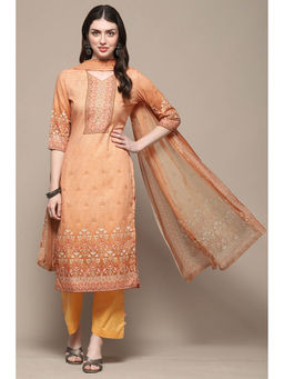Biba - Brown Floral Print Unstitched Kurta with Bottom and Dupatta (Set of 3)