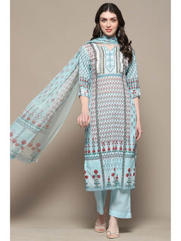 Biba - Blue Floral Digital Print Unstitched Kurta with Bottom and Dupatta (Set of 3)