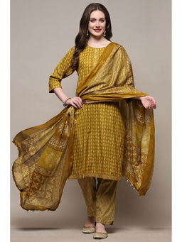 Biba - Mustard Print Embroidered Unstitched Kurta with Bottom and Dupatta (Set of 3)