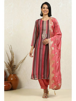 Biba - Pink Hand Embroidered Unstitched Kurta with Bottom and Dupatta (Set of 3)