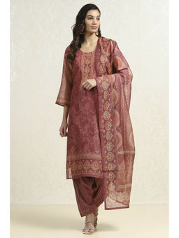 Biba - Mauve Printed Embroidered Unstitched Kurta with Bottom and Dupatta (Set of 3)