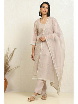 Biba - Lavender Embroidered Unstitched Kurta with Bottom and Dupatta (Set of 3)