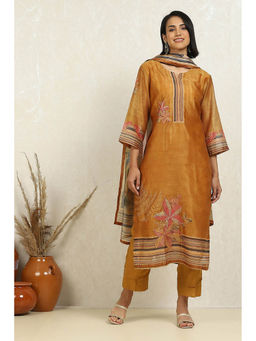 Biba - Mustard Printed Embroidered Unstitched Kurta with Bottom and Dupatta (Set of 3)