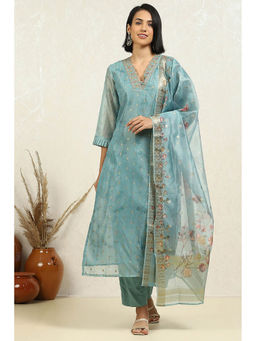 Biba - Blue Floral Embroidered Unstitched Kurta with Bottom and Dupatta (Set of 3)