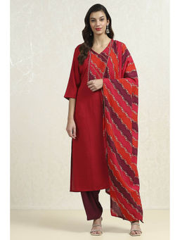 Biba - Pink Chanderi Printed Unstitched Kurta with Bottom and Dupatta (Set of 3)