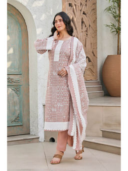 Biba - Brown Digital Print Unstitched Kurta with Bottom and Dupattas (Set of 3)