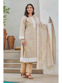 Biba - Beige Digital Print Unstitched Kurta with Bottom and Dupattas (Set of 3)