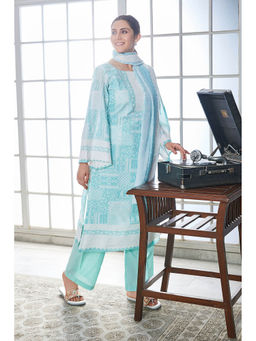 Biba - Sky Blue Digital Print Unstitched Kurta with Bottom and Dupattas (Set of 3)