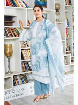 Biba - Blue Paisley Print Unstitched Kurta with Bottom and Dupattas (Set of 3)