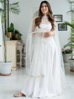 Lavanya The Label - White Silk Lehenga With Dupatta (Set of 3)