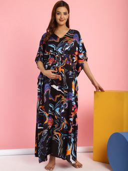 Secret Wish - Rayon Printed Black Maternity Feeding Kaftan