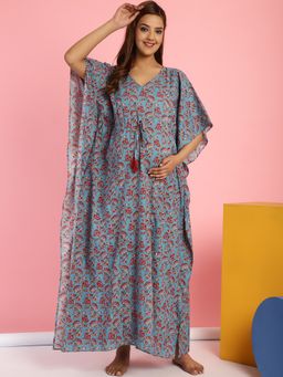 Secret Wish - Cotton Floral Blue Maternity Feeding Kaftan