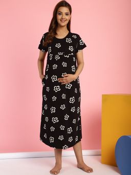 Secret Wish - Floral Black Hosiery Short Maternity Feeding Nighty