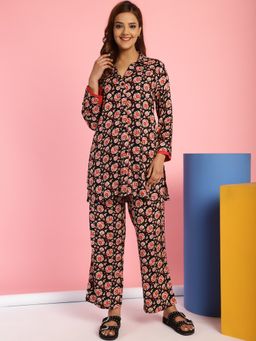 Secret Wish - Floral Print Rayon Black Shirt & Pyjama (Set of 2)