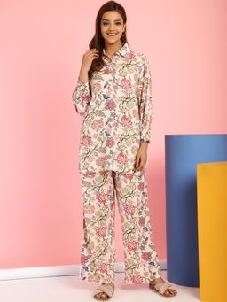 Secret Wish - Floral Print Rayon Peach Shirt & Pyjama (Set of 2)
