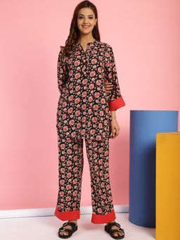 Secret Wish - Floral Print Rayon Black Top & Pyjama (Set of 2)