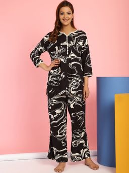 Secret Wish - Abstract Print Rayon Black Top & Pyjama (Set of 2)