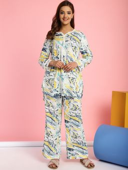 Secret Wish - Abstract Print Rayon White Top & Pyjama (Set of 2)