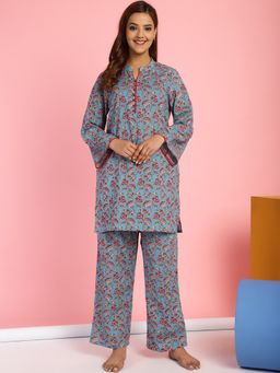 Secret Wish - Floral Print Cotton Blue Top & Pyjama (Set of 2)