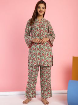 Secret Wish - Floral Print Cotton Green Top & Pyjama (Set of 2)