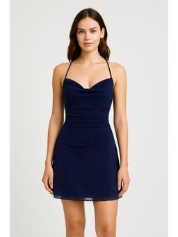 Cider - Navy Blue Mesh Cowl Neck Solid Sequin Mini Dress