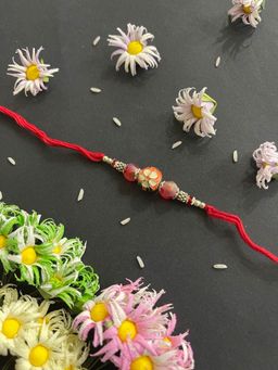 Digital Dress Room - Designer Rakhi Meenakari Orange Kundan Bead Red Thread Rakhi