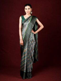 EXCLUSIVA - Green Brasso Digital Print Designer Saree with Unstitched Blouse
