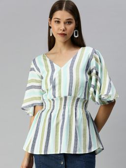 SHOWOFFFF - Women V-Neck Candy Stripes Sea Green Regular Top