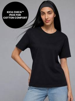 Kica - 100% Cotton Graphic T-Shirt with Curved Hem & Side Slits For Workout to Weekend KIC034 Black