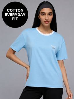Kica - 100% Cotton Graphic T-Shirt with Curved Hem & Side Slits For Workout to Weekend KIC034 Blue