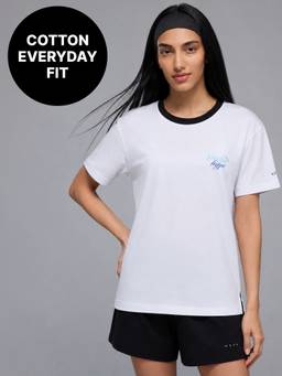 Kica - 100% Cotton Graphic T-Shirt with Curved Hem & Side Slits For Workout to Weekend KIC034 White