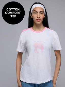 Kica - 100% Cotton Colorblock Graphic T-Shirt with Curved Hem For Workout to Weekend KIC035 White