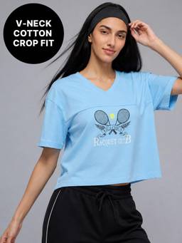 Kica - 100% Cotton V-Neck Oversized Cropped Graphic Tee for Pickleball & Everyday KIC036 Blue