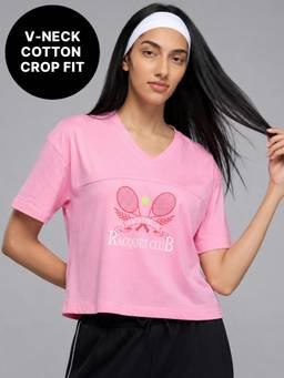 Kica - 100% Cotton V-Neck Oversized Cropped Graphic Tee for Pickleball & Everyday KIC036 Pink
