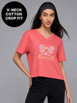 Kica - 100% Cotton V-Neck Oversized Cropped Graphic Tee for Pickleball & Everyday KIC036 Red