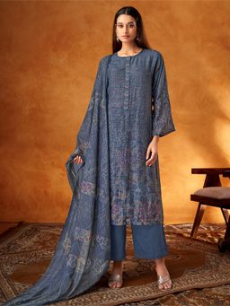 SPRAHA - Aarohi Blue Muslin Floral Printed Unstitched Dress Material (Set of 3)