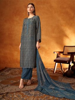 SPRAHA - Aarohi Teal Muslin Floral Printed Unstitched Dress Material (Set of 3)