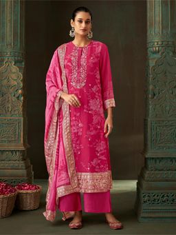 SPRAHA - Akashi Pink Jaquard Floral Printed Unstitched Dress Material (Set of 3)